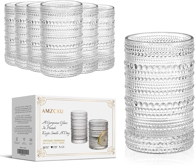 Amzcku Vintage Highball Drinking Glass Set of 6 Kitchen Glasses Cup（13 OZ），for by Amzcku