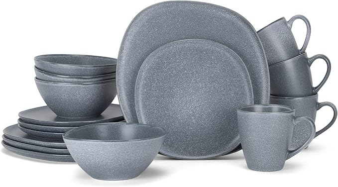 Elanze Designs 16-Piece Modern Luxury Chic Smooth Vintage Handmade Shape Matte Finish Ceramic Stoneware Square Plate Mug & Bowl Kitchen Dinnerware 16 Piece Set - Service for 4, Dove Grey