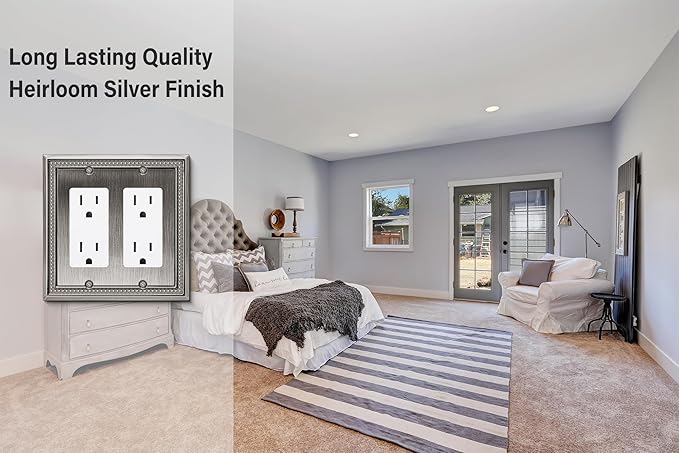 Henne Bery Sunken Pearls Heavy Duty Decorative Wall Plate Switch Plate Outlet Cover (Double Decorator, Heirloom Silver)