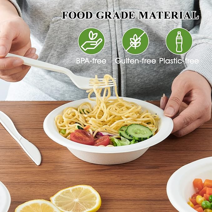 ECOLipak 150 Pack Compostable Disposable Paper Bowls, 12 OZ Heavy duty Biodegradable Eco Friendly Sugarcane Bagasse Bowls Great for Soup, Salad, Milk Cereals