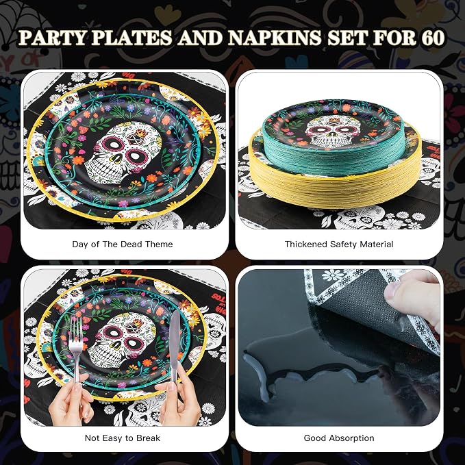 180Pcs Day of the Dead Party Supplies Paper Plates and Napkins Serve 60 | - Image 3