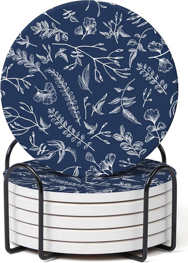 Set of 6 Floral Navy Blue Coasters by Hoomey