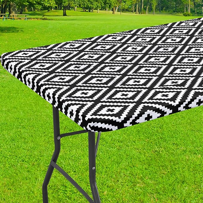 Smiry Rectangle Picnic Table Cloth, Waterproof Elastic Fitted Outdoor Tablecloths for 6 Foot Tables, Wipeable Flannel Backed Vinyl Table Cover for Camping, Dining and Indoor (30"x72", Black)