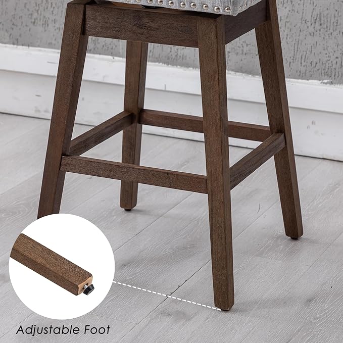 27.5" Counter Height Bar Stools Set of 2, Linen Fabric Mid Century Modern Swivel Barstool with Back & Wood Legs Comfy Upholstered Counter Chairs for Home Bar/Dining Room/Restaurant, Grey