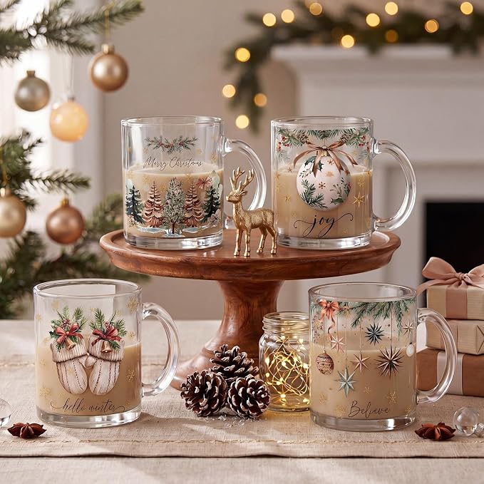 Tioncy 4 Pcs Christmas Coffee Mugs 12 oz Glass Mugs Set - Image 2