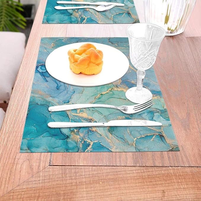 Teal Marble Placemats Set of 4 Turquoise Blue Gold Natural Luxury Abstract Fluid Wipeable Table Mats Reusable Washable PVC Rectangle Place Mats for Kitchen Dining Home Decor 12x18 Inches