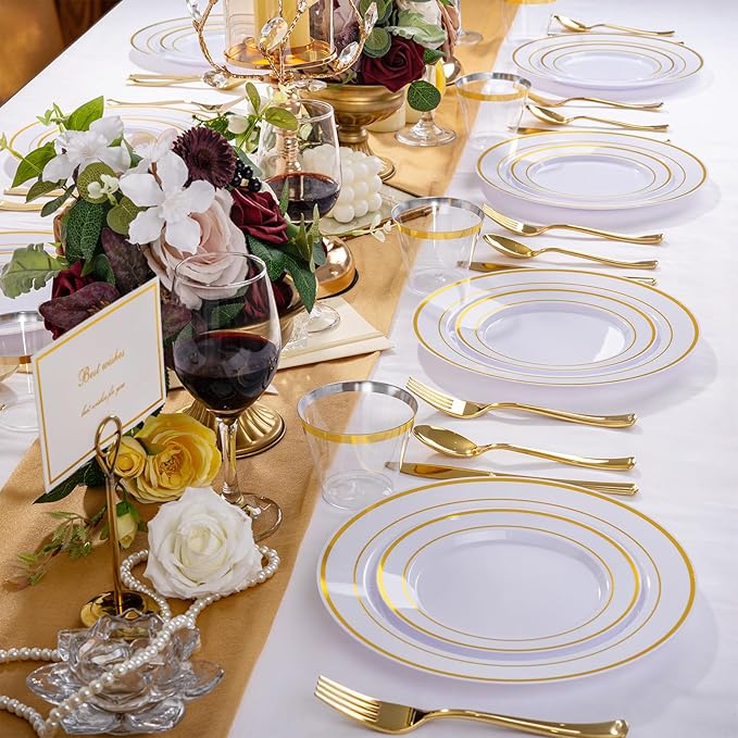 WELLIFE 300 PCS Gold Dinnerware Set for 50 Guests, Gold and White Disposable Plastic Plates for Party, 50 Dinner & Salad Plates, 50 Cups Forks Knives Spoons for Wedding and Party Supplies