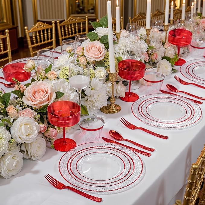 Ciaell 150 PCS Red Plastic Plates – Clear Hammered Disposable Plates with Red Rim include 50Plates, 25Forks, 25Knives, 25Spoons, 25Cups for Wedding & Party & Anniversary & Valentine's Day