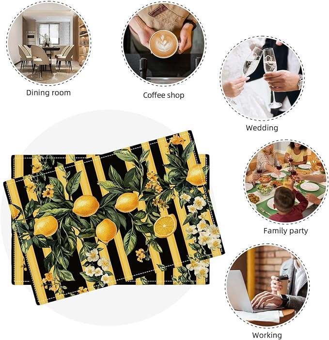 Lemon Placemats Set of 4, Yellow Lemon Place Mats, Fruit Waterproof Washable Table Mats for Home Party Indoor Kitchen Dining Table Decoration 12x18 Inch