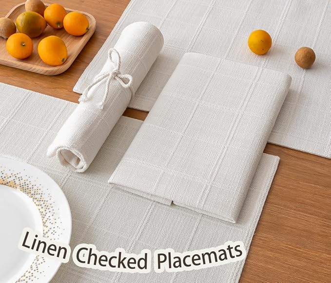 Linen Checked Placemats Set of 6, Machine Washable, Thick Textured Farmhouse - Image 4