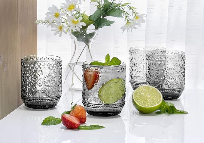 Red Co. Vintage Botanist Drinking Glass Set, Luxurious Floral Embossed - Image 3