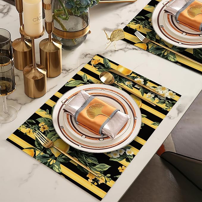 Lemon Placemats Set of 6, Yellow Lemon Place Mats, Fruit Waterproof Washable Table Mats for Home Party Indoor Kitchen Dining Table Decoration 12x18 Inch
