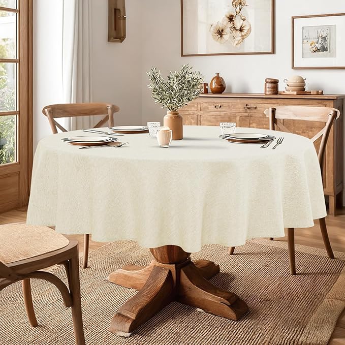 JIUZHEN Round Table Cloth Faux Linen Farmhouse Tablecloth Wrinkle and Stain Resistant Decorative Fabric Table Cover for Kitchen, Dining Room, Parties and Camping, Champagne, 90 Inch Round