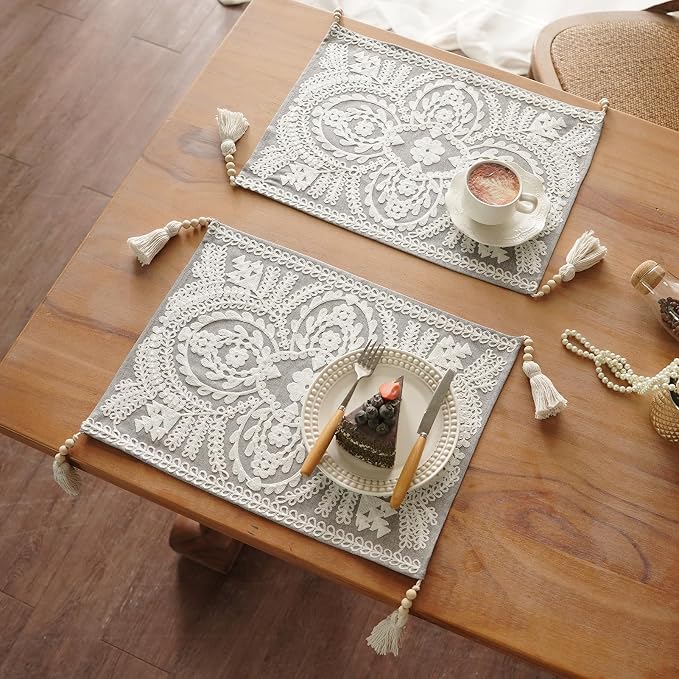 Embroidered Placemat Boho Farmhouse Place Mats, 8 Tassel Pendants, Layered by ARTBLOSS