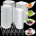 Tessco 800 Pcs Mini Appetizer Plates Set Including 400 Disposable Dessert Plates Assorted Shape 200 Mini Plastic Forks 200 Plastic Spoons for Party(Clear, Silver,Classic)