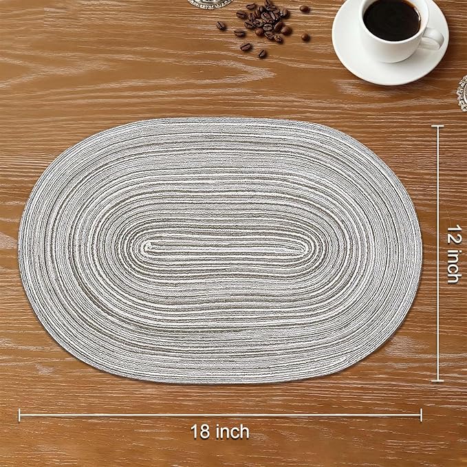 Noctiflorous Oval Braided Placemats Set of 8 Woven 12x18 Inch Non Slip Washable Heat Resistant Place Mats Round Tablemats for Dining Kitchen Party Daily Table Decor Dinner Mats (Gray, 8)