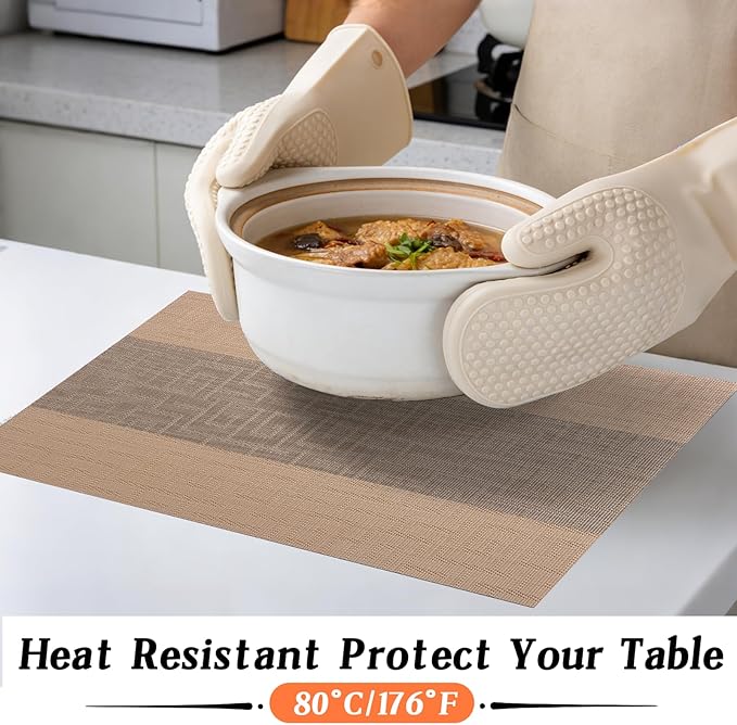 Timeet Placemats Set of 8, Heat Resistant Non-Slip Place Mats for Dining Table, Durable Washable PVC Vinyl Woven Table Mats, Resistant Kitchen Placemats Easy to Clean(Beige & Gray