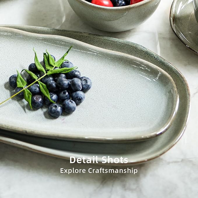 Organic Shape Highland Ceramic Serving Tray, 6pcs 11.625 * 5.125inch Handmade Reactive Glaze ceramic Tray with Wavy Edge, for Kitchen, Microwave & Dishwasher Safe, Scratch Resistant-grey