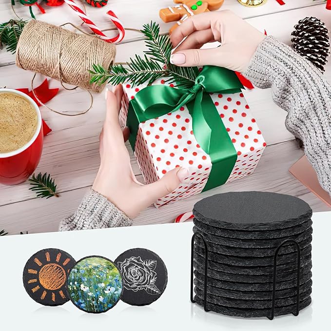 8 Pack 4 Inch Round Black Slate Coasters Set - Image 5