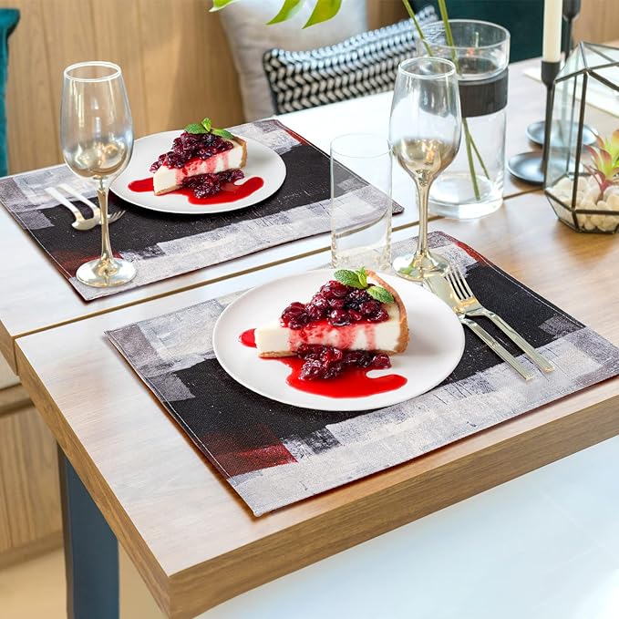 Red and Grey Modern Art Placemats Set of 4, Heat Resistant Non-Slip Artwork Dining Placemats, Washable Place Mats for Home Kitchen (Red and Grey, 18"X12")