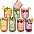 Set of 8 Dopamine Colored Ribbed Glassware, 4 Highball Glasses 14oz & 4 Rocks by Khen
