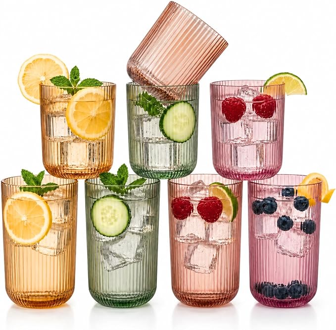 Set of 8 Dopamine Colored Ribbed Glassware, 4 Highball Glasses 14oz & 4 Rocks by Khen