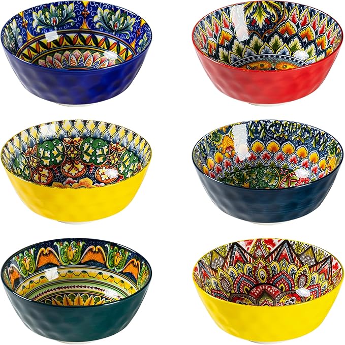 Henten Home Ceramic Soup Bowls Set of 6, 25 oz Porcelain Cereal Bowl Set, Colorful Bohemian Style Serving Bowls for Salad, Pasta, Oatmeal, Microwave & Dishwasher Safe