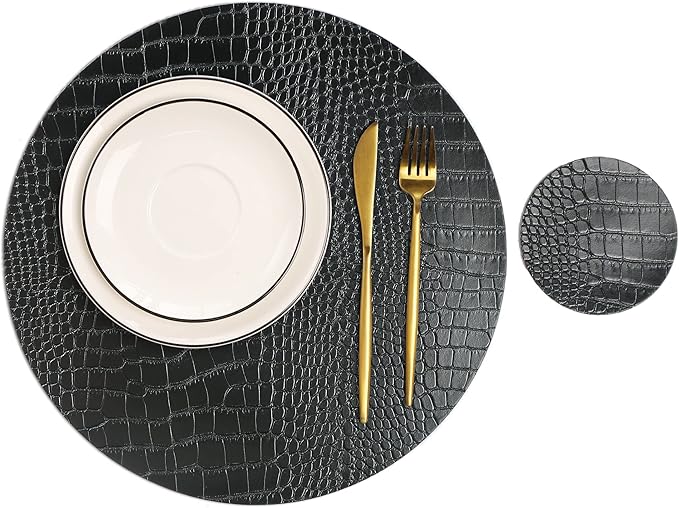 Round Leather Placemats for Round Tables Set of 6, Black Table Place Mats and Coasters, Washable Easy to Care for Indoor Decor 13" Diameter