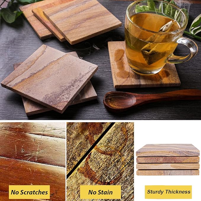 Sandstone Water Absorbent Hand Crafted Square Coasters for Drinks - 4 Inches Wide Thirsty Stone Bar/Drink Coasters- Made from Rainbow Sandstone (Set of 4 Without Holder)