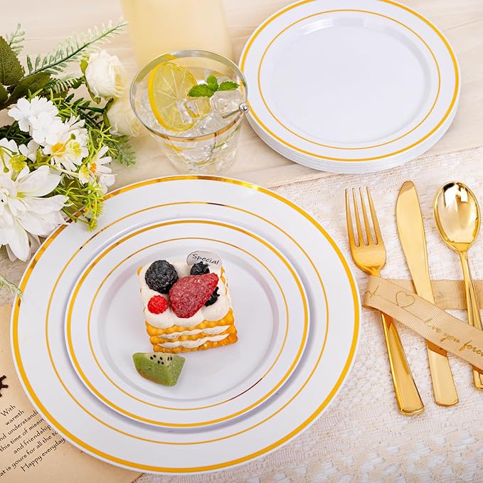 bUCLA 600Pcs White and Gold Plastic Plates - Gold Disposable Dinnerware Set for 100 Guests Include 100 Dinner & 100 Dessert Plates, 100 Cups, 100 Forks, 100 Spoons, 100 Knives for Party