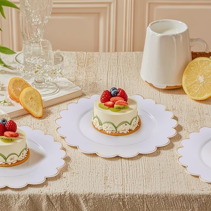 LIYH 100 Pcs Gold White Dessert Plates - 7.5" Disposable Fancy Cake Plates - White with Gold Rim Premium Hard Appetizer Cake Plastic Wedding Plate for Party,Bridal Shower,Birthday,Valentine's Day