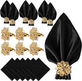12 Pack Gold Napkin Rings and Cloth Napkins Set of 6, 17x17 Satin Cocktail by CROWNGUIDE