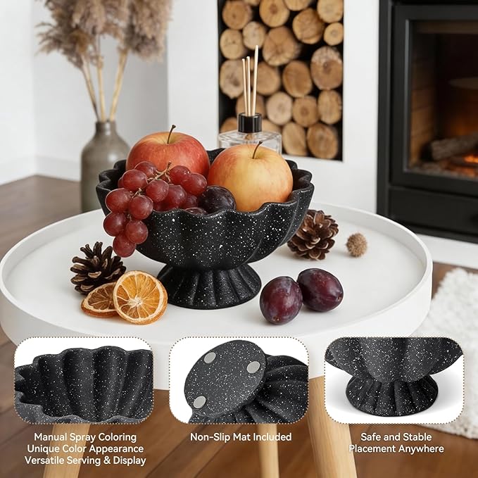 Pedestal Decorative Bowl Home Decor - Morden Handmade Decorative Fruit Bowl for Kitchen Counter, Chic Ruffle Bowl Centerpiece Decor for Dining Table Coffee Table (Starry Black