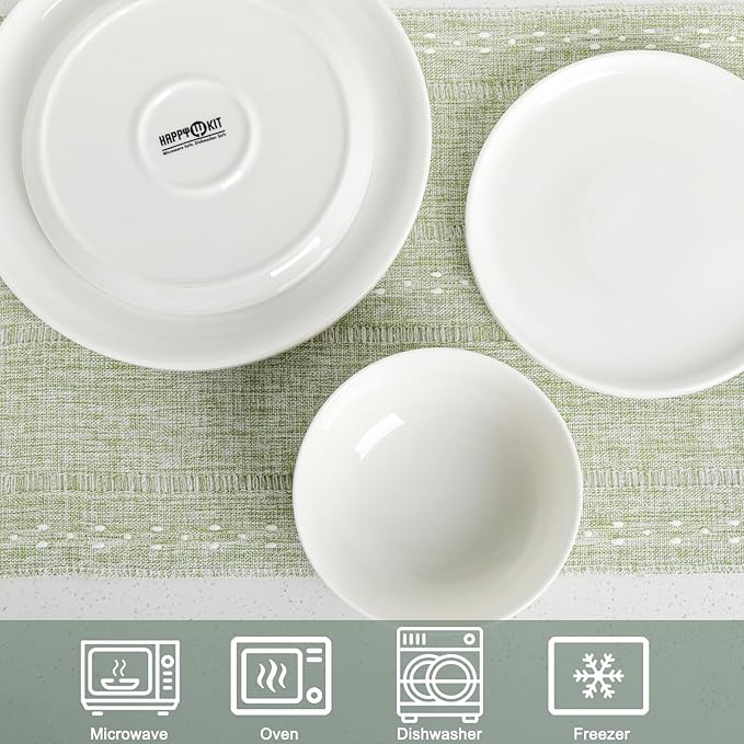 HAPPY KIT 12 Pieces Porcelain Dinnerware Set, Serving Plates and Bowls Set for 4, Chip and Scratch Resistant White Kitchen Dishware Sets, Thick-edge Non-slip Design