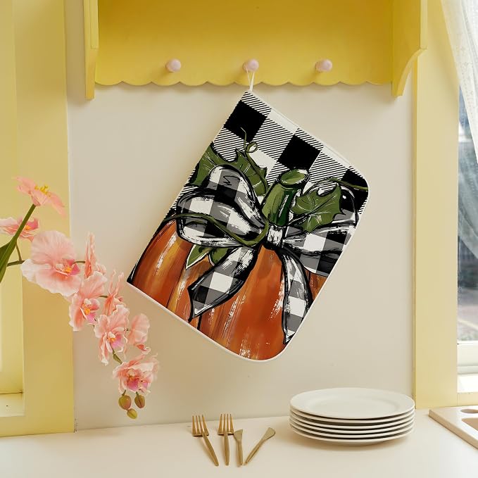 Fall Plaid Dish Drying Mat for Kitchen Counter 18x24 Inch Pumpkin Autumn Dish - Image 4