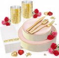 YOUBET 175PCS Pink Plastic Plates - Pink and Gold Disposable Plates Include 50 Plastic Plate, 75 Silverware, 25 Cups, 25 Napkins for Wedding & Party & Birthday Valentines Day