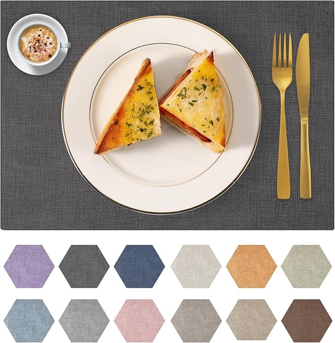 Faux Leather Placemats Set of 8 Washable PU Table mats for Kitchen Table - Heat Resistant, Waterproof, Easy Clean, Anti Slip 11.8" x 17" (Dark Grey-8 Pack)