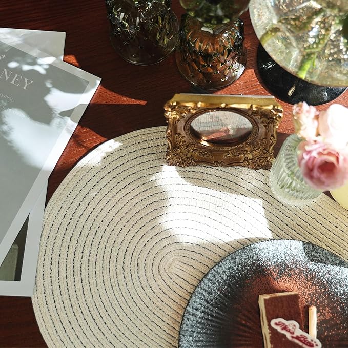 Noctiflorous Oval Braided Placemats Set of 6 Woven 12x18 Inch Non Slip Washable Heat Resistant Place Mats Round Tablemats for Dining Kitchen Party Daily Table Decor Dinner Mats (Solid Beige White, 6)