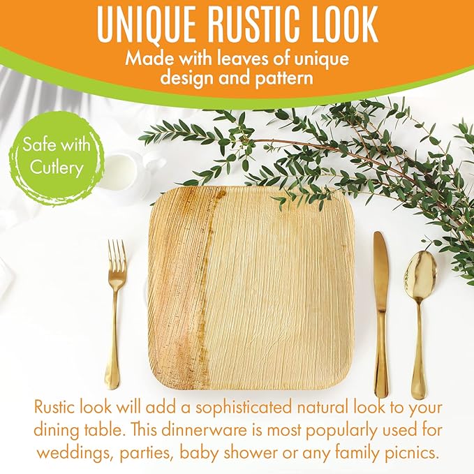 Raj Palm Leaf Plates Bulk [50-Pack] 6" Square Plates(6 CASES - 300 PACK) like Bamboo plates Disposable, Strong, Decorative Compostable Tableware for weddings, Lunch, Dinner, Birthday,Outdoor
