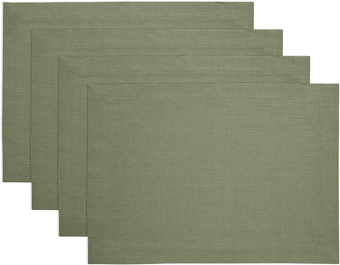 Solino Home Linen Cloth Placemats Set of 4 - 100% Pure Linen Oil Green Placemats 14 x 19 Inch for Spring, St Patricks Day, Easter - Fete