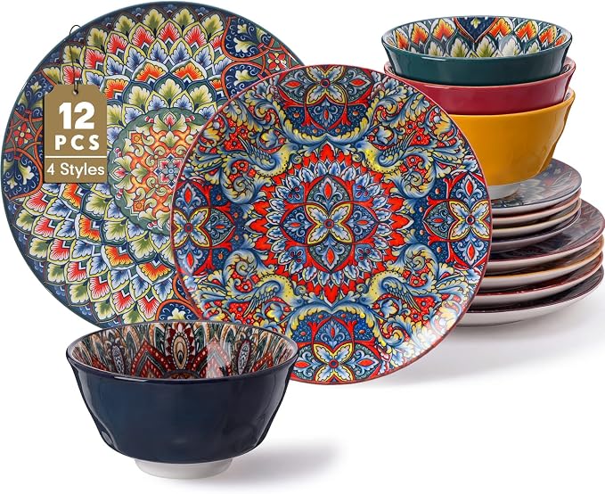 12 Pieces Ceramic Dinnerware Sets Porcelain Plates and Bowls Set Service by Domensi