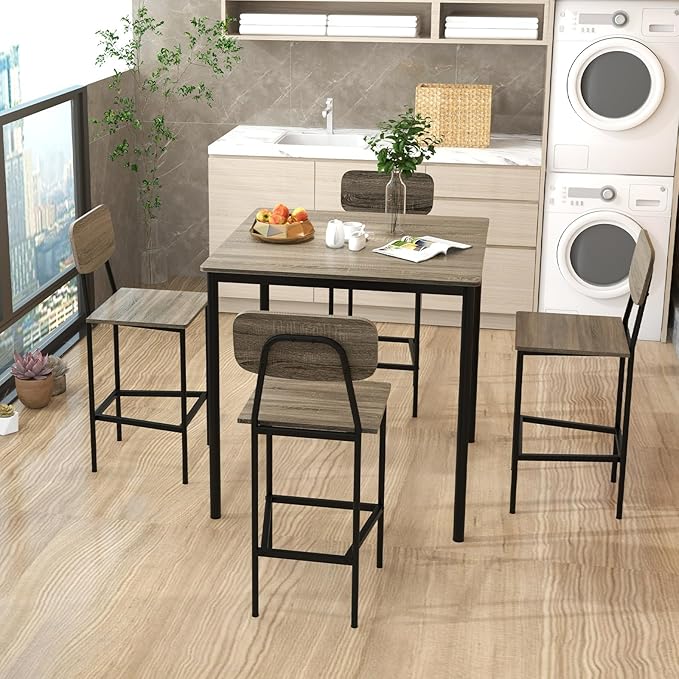 Giantex 5-Piece Dining Table Set W/Counter Height Table & 4 Bar Stools, Modern Kitchen Dining Set W/Footrest & Backrest, Space-Saving Dinette Set for Pub, Dining Room, Restaurant (Black Oak)