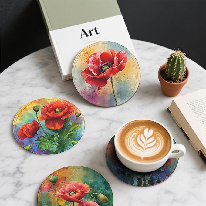 Red Flowers Coasters Leather Round Drink Coasters 6 Pcs Set with Holderor for Cup Drink Coffee Table Bar Home Decor