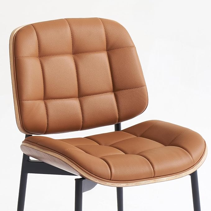 Mid Century Modern Dining Chairs with Walnut Grain Back, Brown Faux Leather Dining Room Chairs Set of 2, Checkered Soft Cushion Kitchen Chairs with Adjustable Foot Pads