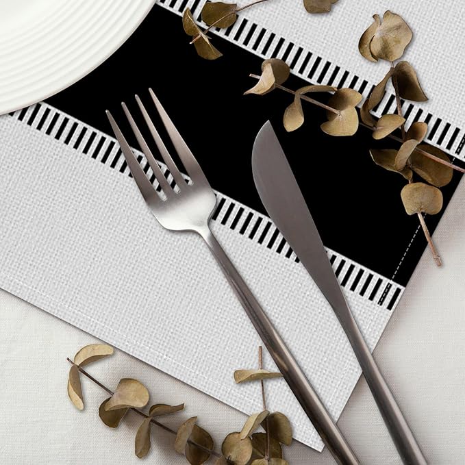 CSFOTO Modern Minimalist Line Decorative Placemats Set of 4 Heat-Resistant Non-Slip Black and White Linen Place Mats for Dining Table 18"x12" Washable