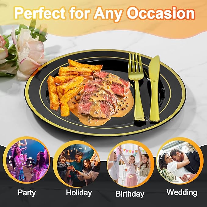 200 PCS Black and Gold Plastic Plates, Party Black Disposable Plates Include 100 10 inch Dinner Plate and 100 7 inch Dessert Plate,black gold rim plates Perfect for Party & Wedding