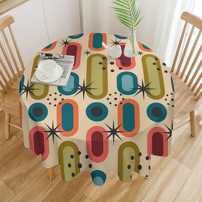 Mid Century Bohemian Round Tablecloth, Modern Medieval Geometric Abstract Print Tablecloth for Home Party Dining Room Kitchen Decor 50Inch(127cm)