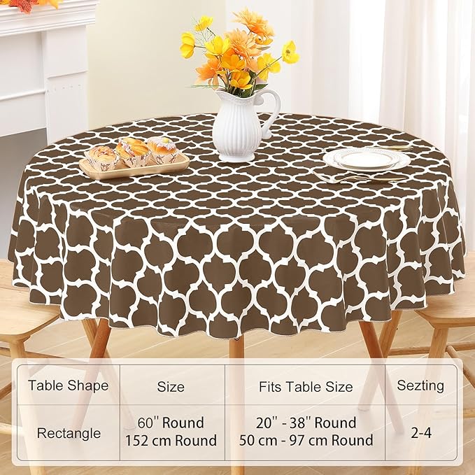 Smiry Round Plastic Table Cloth, Waterproof Vinyl Tablecloth with Flannel Backing for Round Tables, Wipeable & Spillproof for Dining, Camping, Indoor and Outdoor (60" Round, Brown)