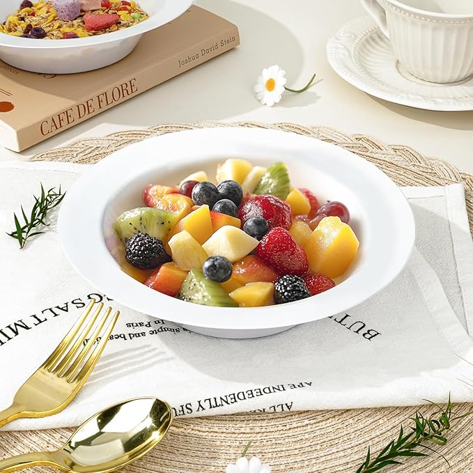 BESTVIP 200PCS White Plastic Bowls, 12 Oz Disposable Bowls Disposable Bowls for Christmas, Parties, Wedding, Soak Proof Bowls for Breakfast, Lunch, and Dinner Meals