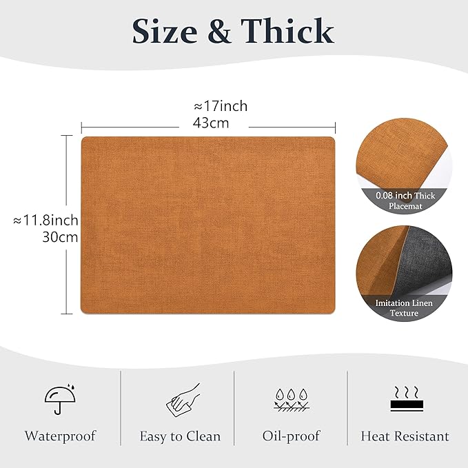 FROMHEART Faux Leather Placemats Set of 8–Waterproof,Heat/Oil Stain-Resistant PU Table Mat–Reversible,Non-Slip,Easy to Clean Place Mats for Kitchen,Dining,Indoor/Outdoor,(Orange-Grey,11.8" x 17")